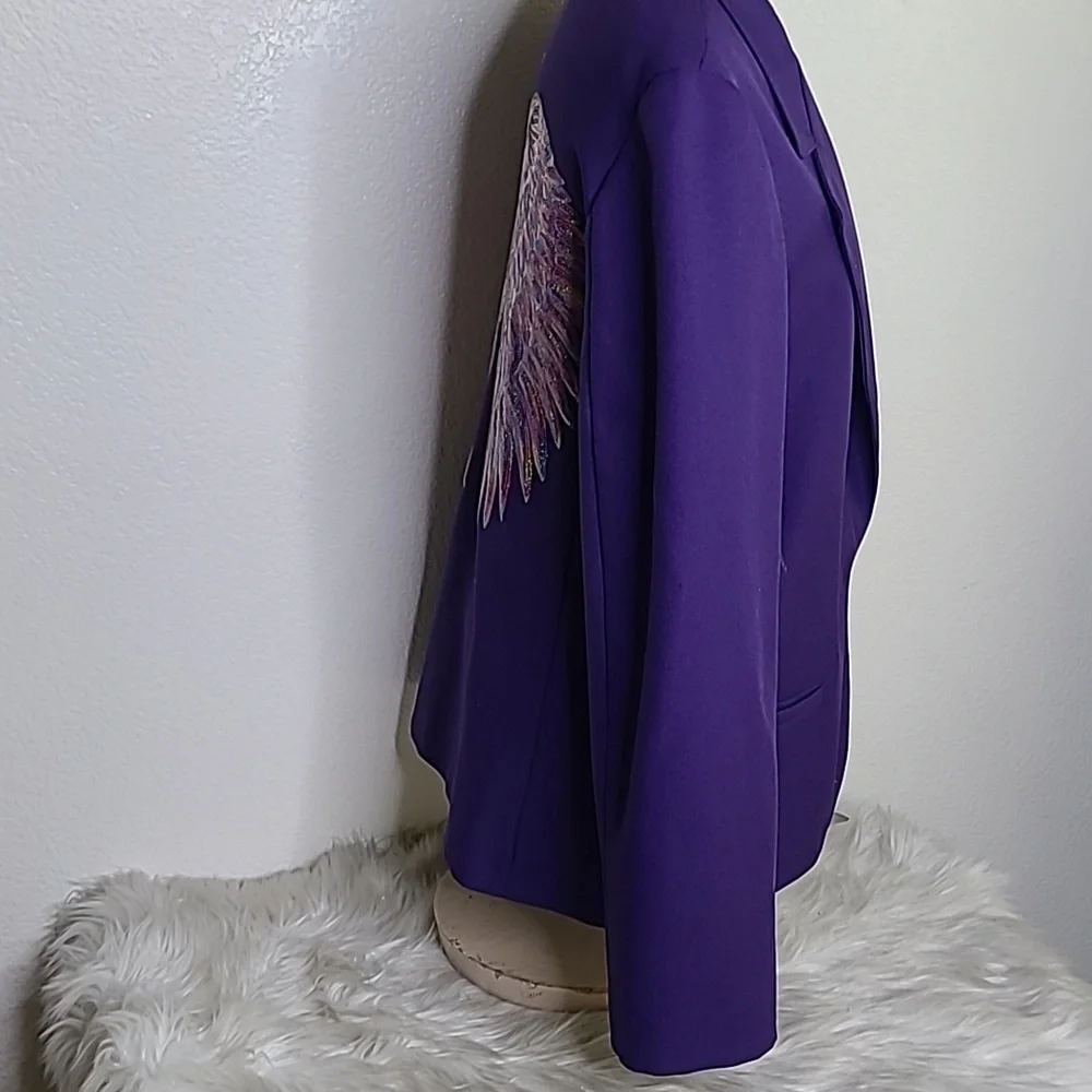 Jacket Blazer Size 16 Tall Purple Iridescent Angel Wing Embellished Back Unique - Picture 4 of 6